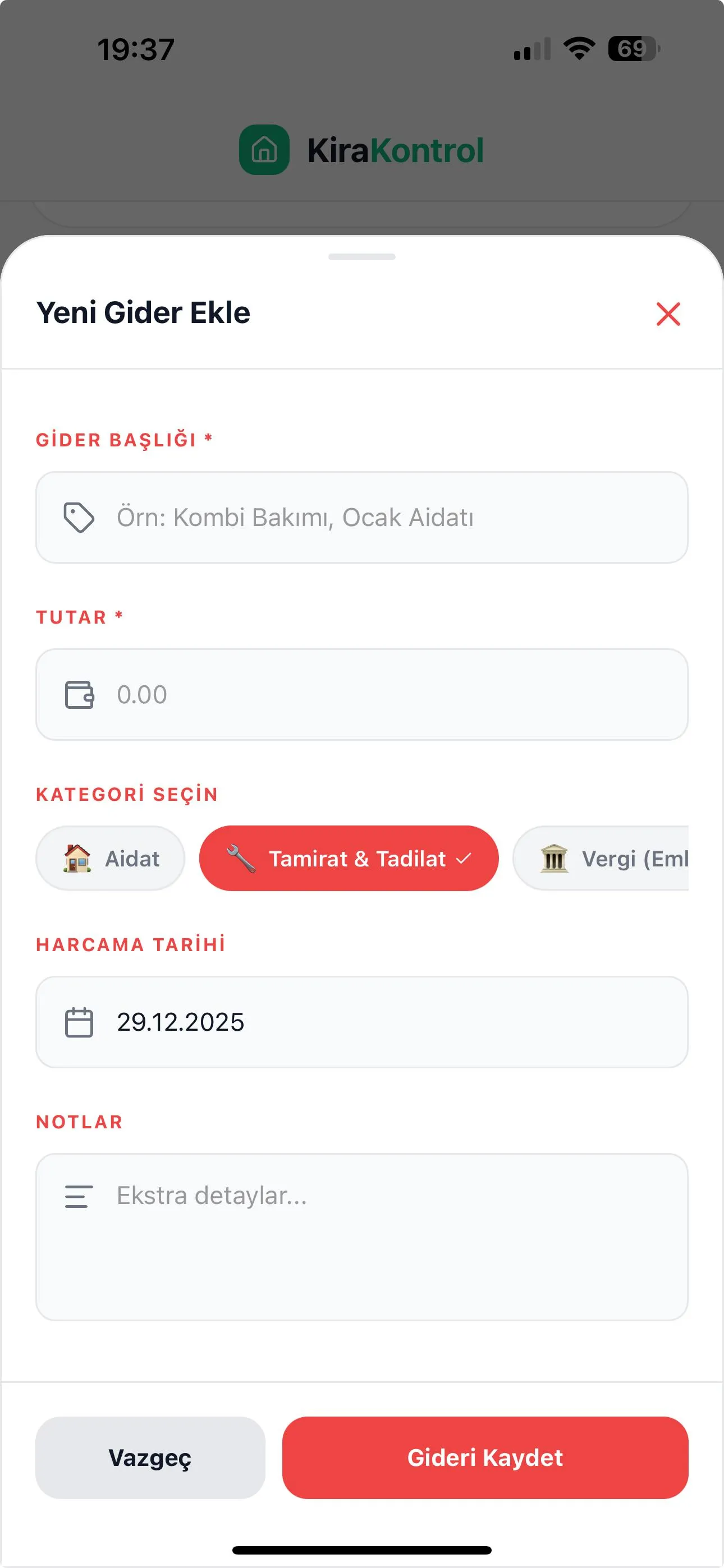 Kira Kontrol Masraf Yönetimi ekranı - Mülk yönetim sistemi arayüzü