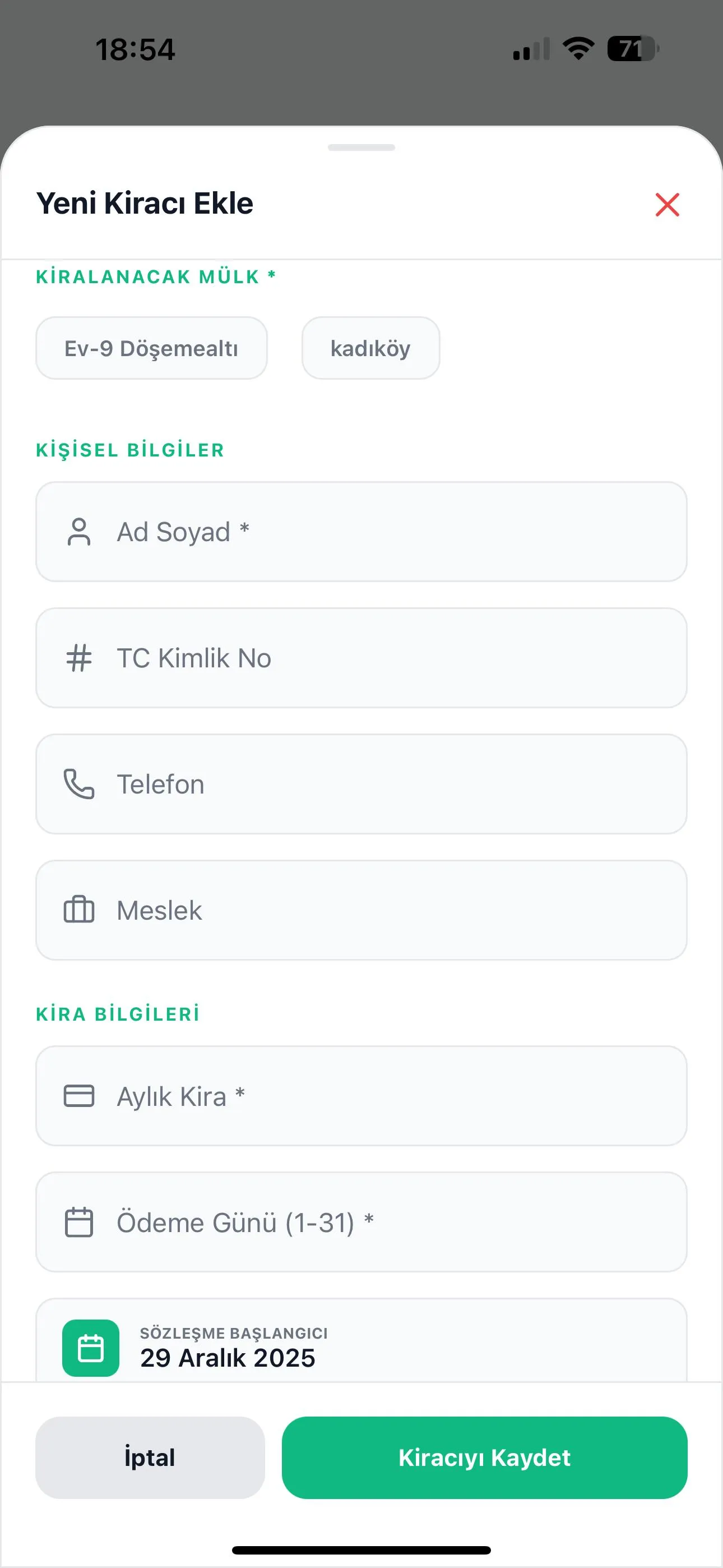 Kira Kontrol Yeni Kiracı ekranı - Mülk yönetim sistemi arayüzü