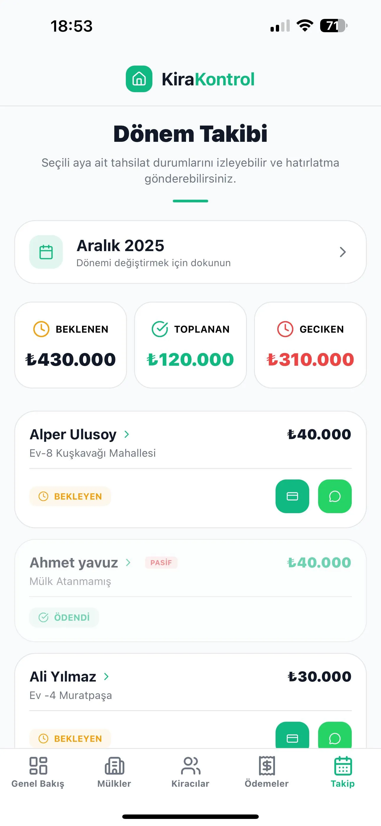 Kira Kontrol Yeni Mülk ekranı - Mülk yönetim sistemi arayüzü