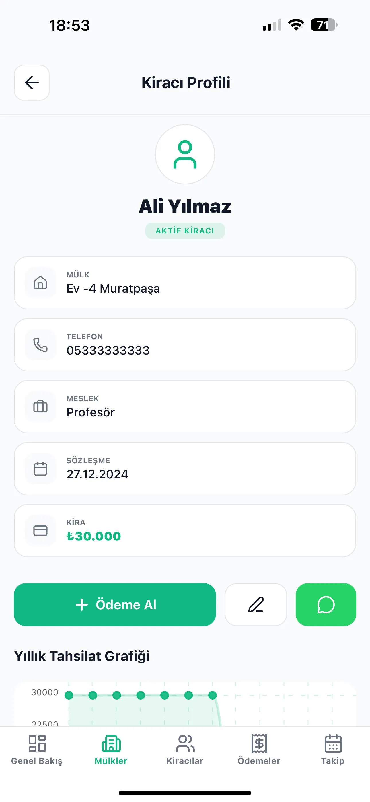 Kira Kontrol Kiracı Bilgileri ekranı - Mülk yönetim sistemi arayüzü
