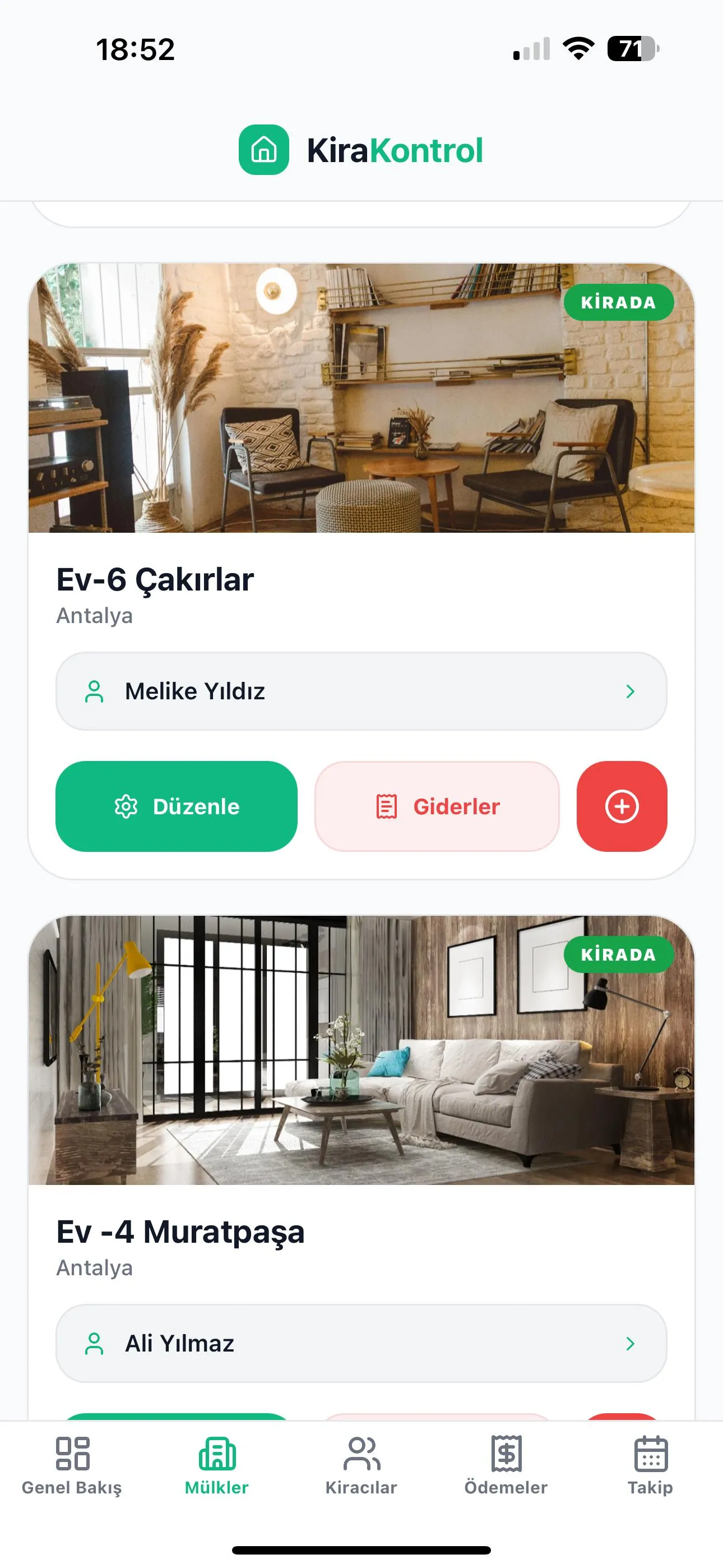 Kira Kontrol Mülk Portföyü ekranı - Mülk yönetim sistemi arayüzü