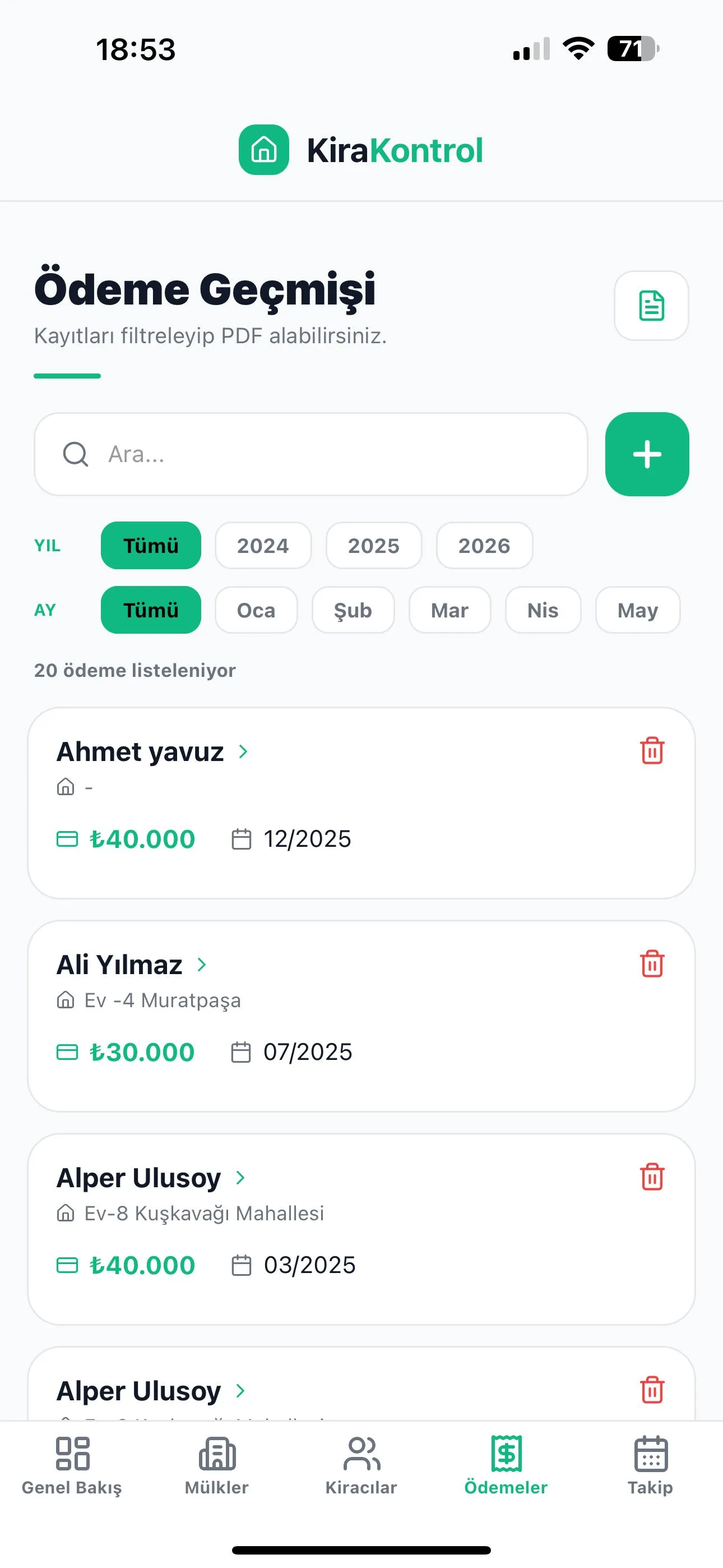 Kira Kontrol Ödeme Takibi ekranı - Mülk yönetim sistemi arayüzü