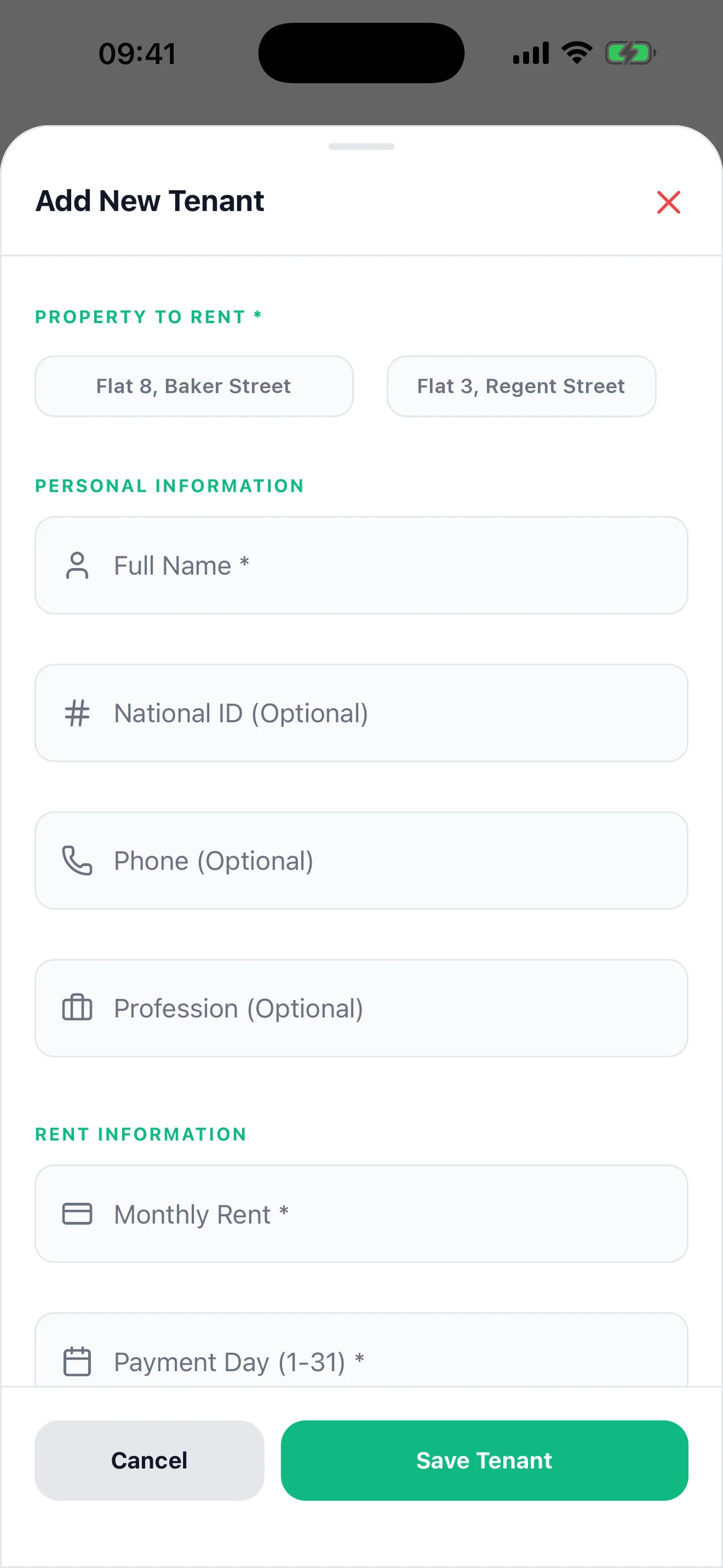 Kira Kontrol New Tenant screen - property management app interface