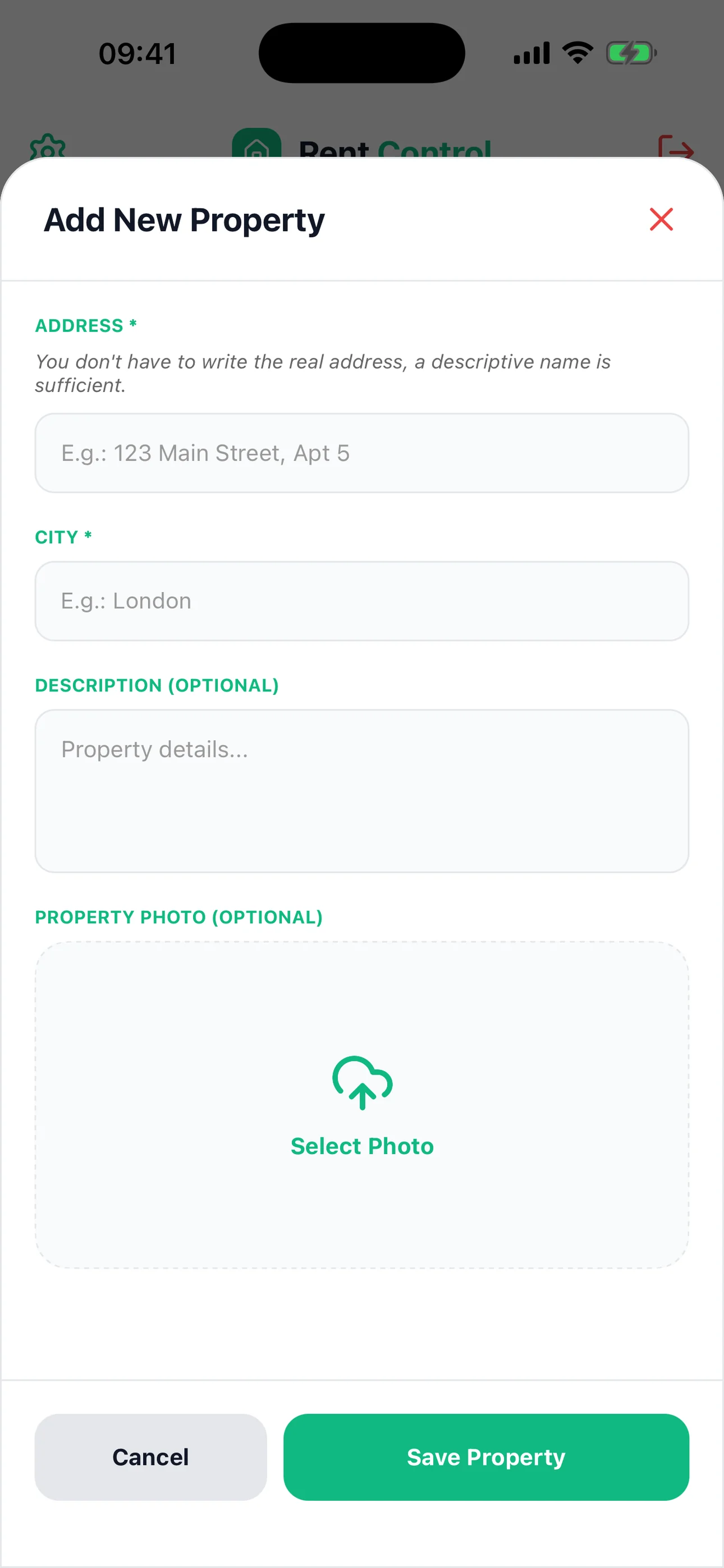Kira Kontrol New Property screen - property management app interface