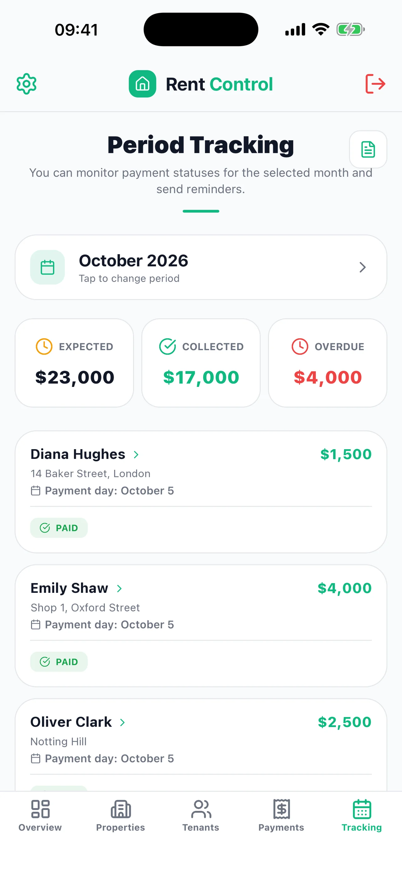 Kira Kontrol Period Tracking screen - property management app interface