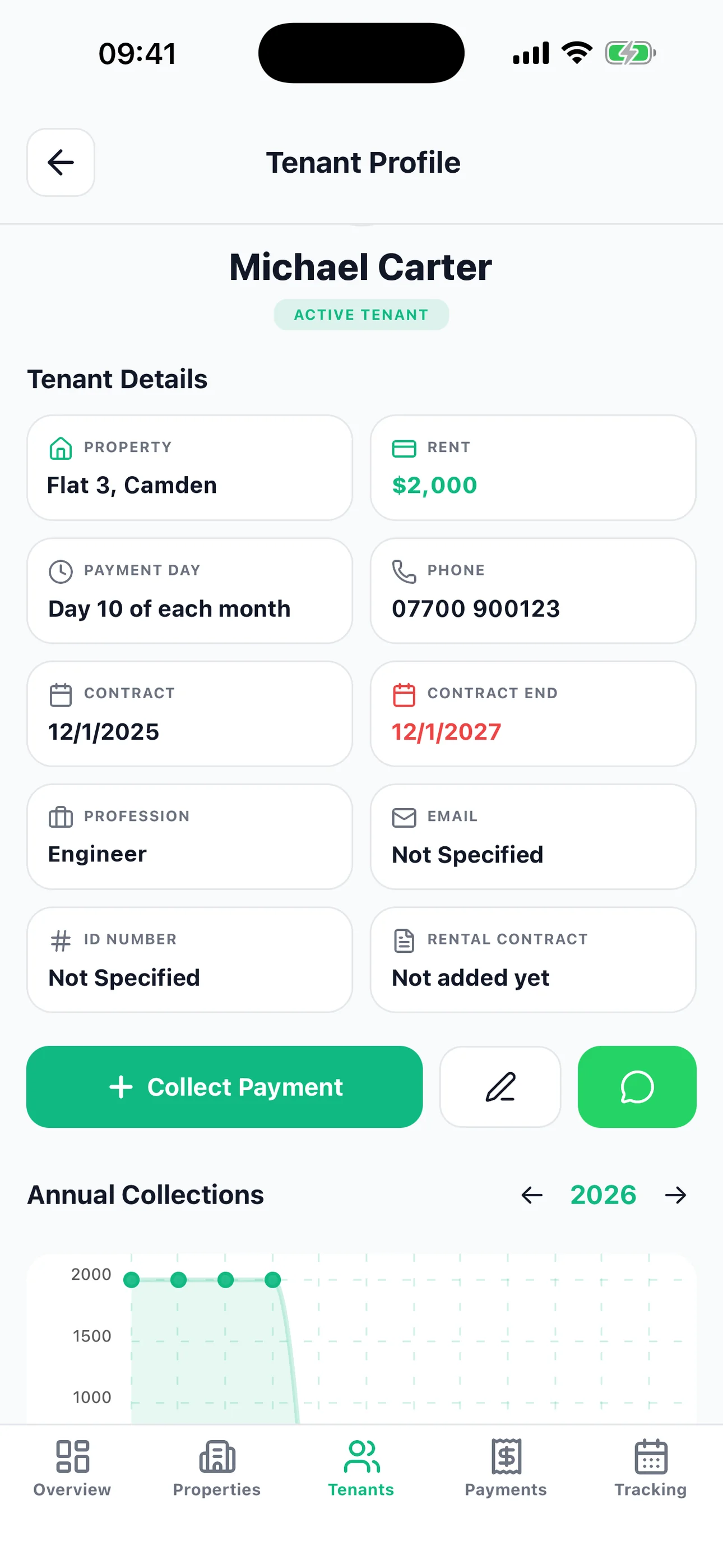 Kira Kontrol Tenant Details screen - property management app interface