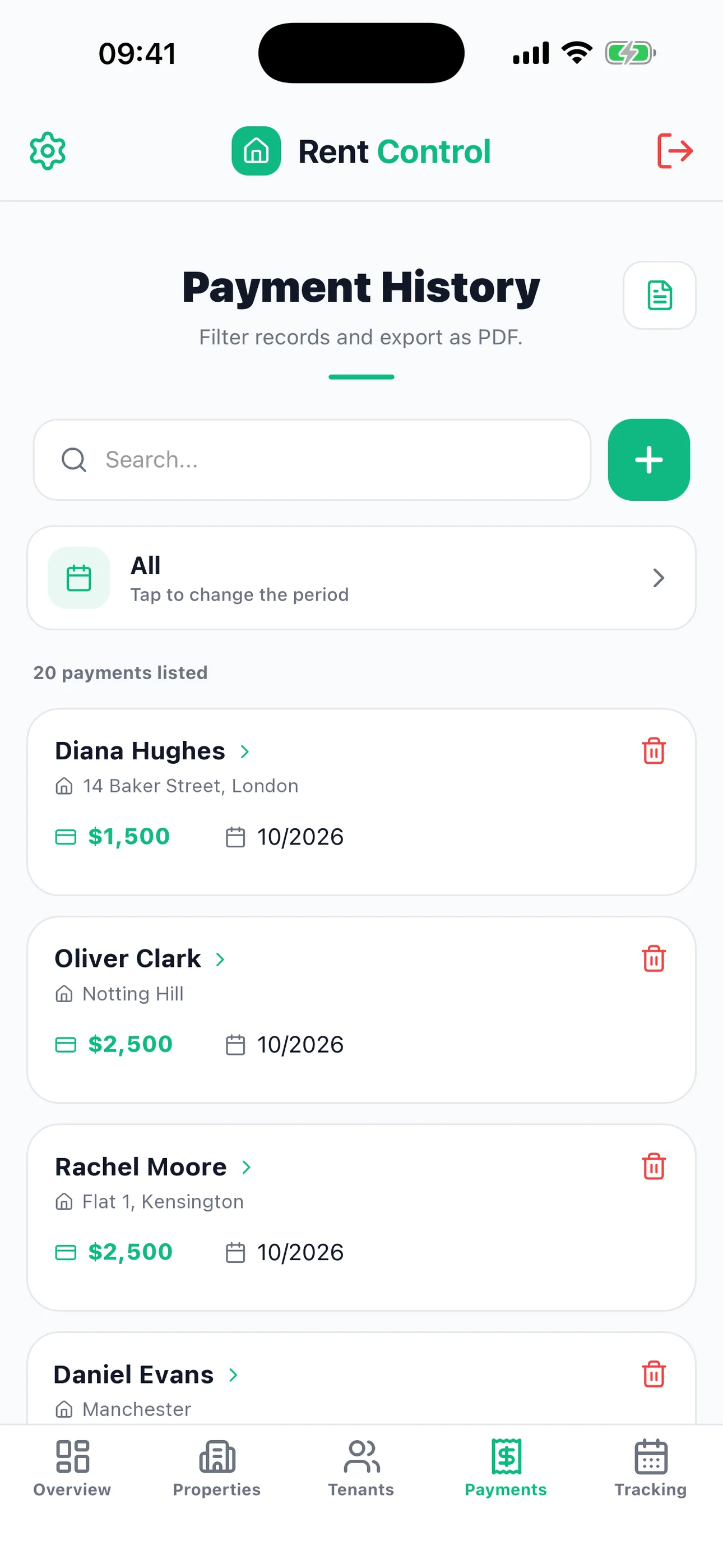 Kira Kontrol Payment Tracking screen - property management app interface